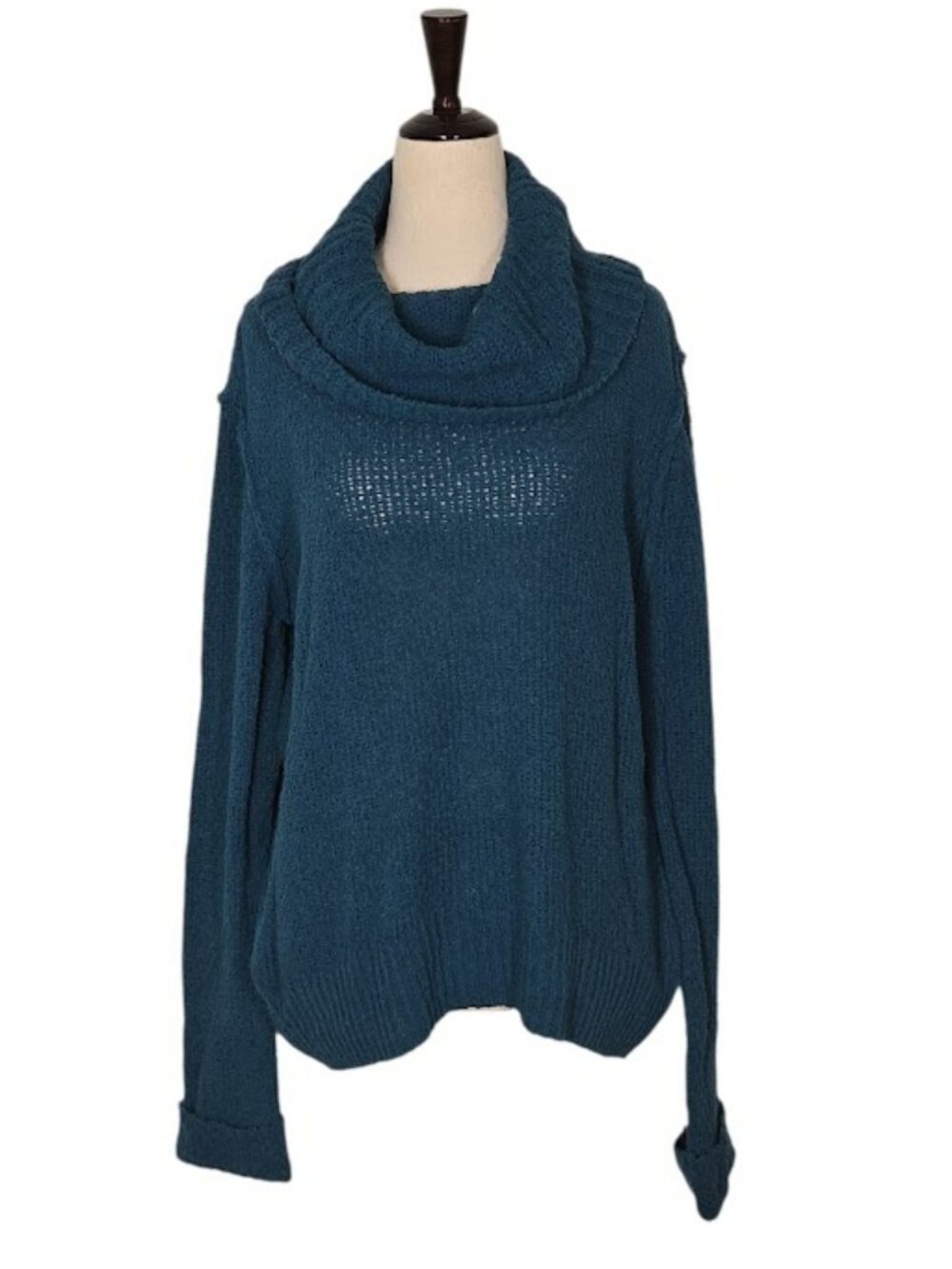 CASLON Teal Blue Cowl Neck Sweater S Pointelle Shoulder Cotton Blend Knit NWOT